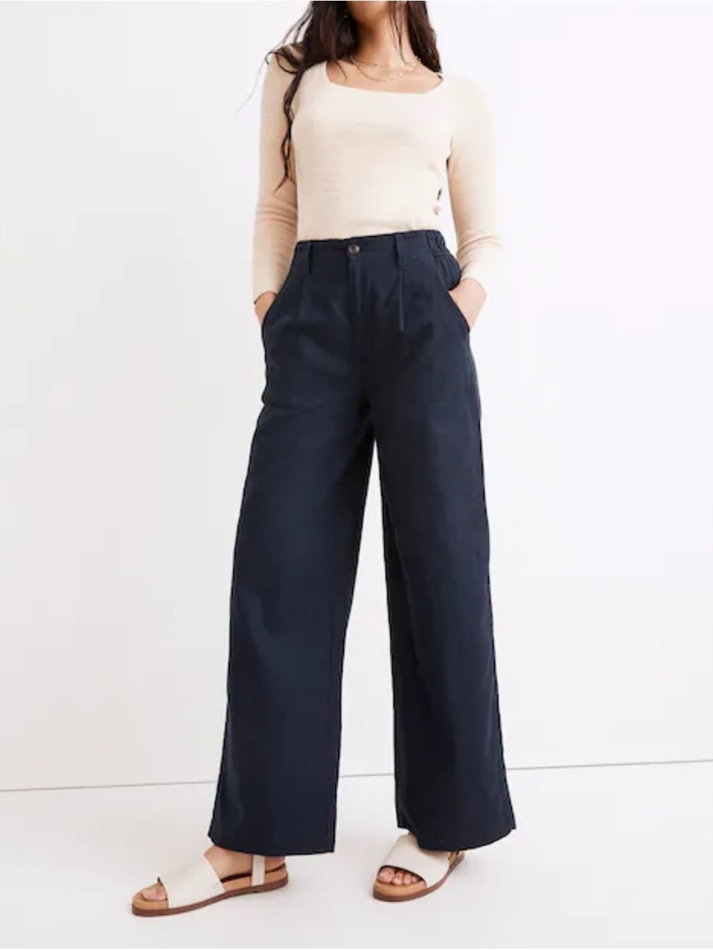 MADEWELL Petite Cotton Linen Pleated Wide-Leg Pants Navy Blue Sz. 6P $98 NE117